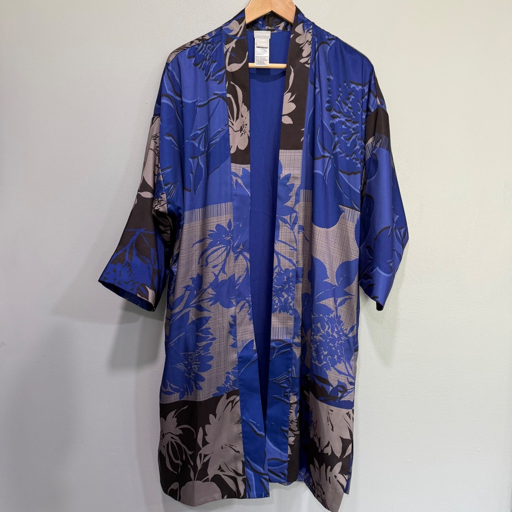 Chicos Blue Floral Patchwork Kimono Jacket Open Front Silky Wrap Womens SM
